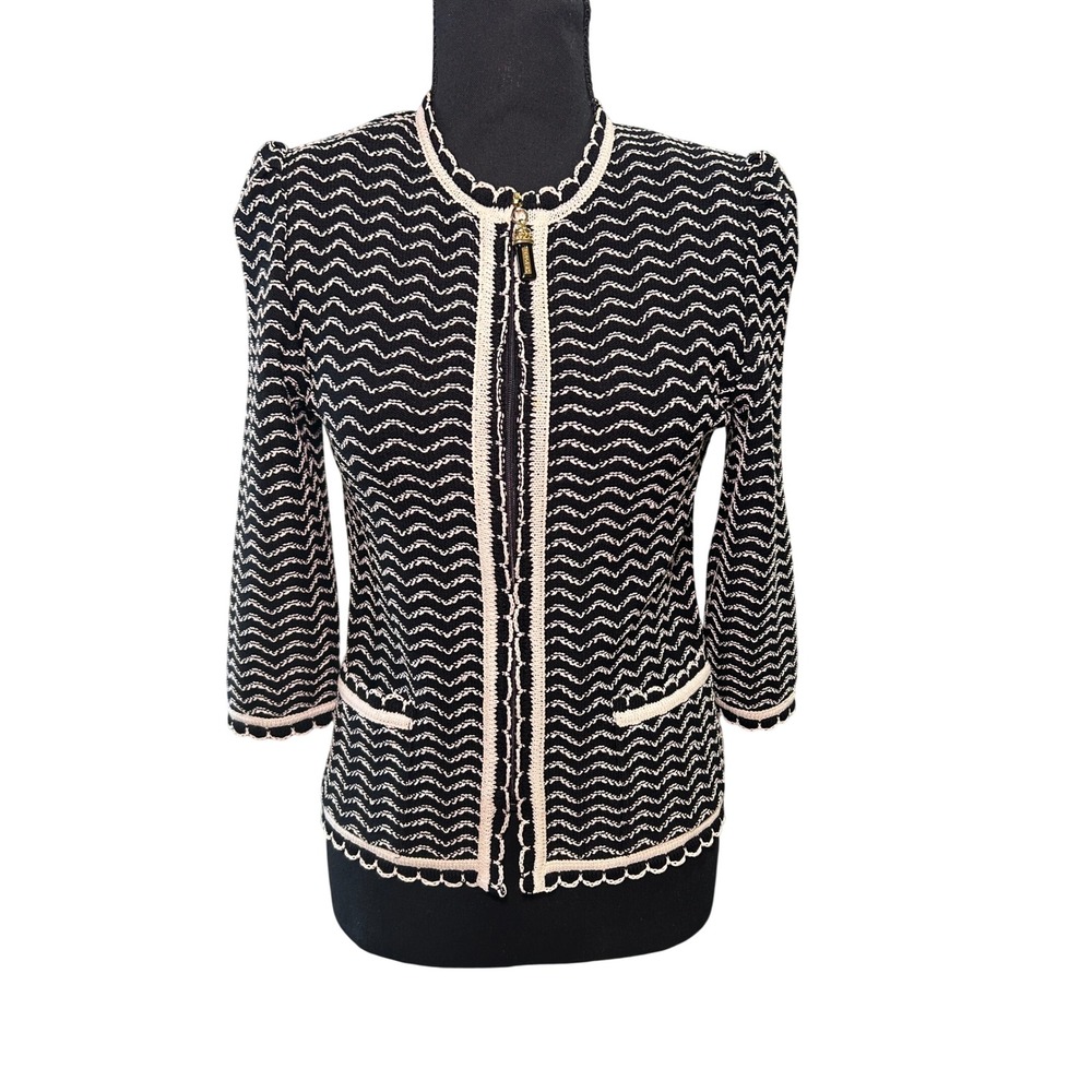 St John Collection Knit Jacket Black White Zigzag Trim Zipper Gold Accent Size 2 - Picture 1 of 9